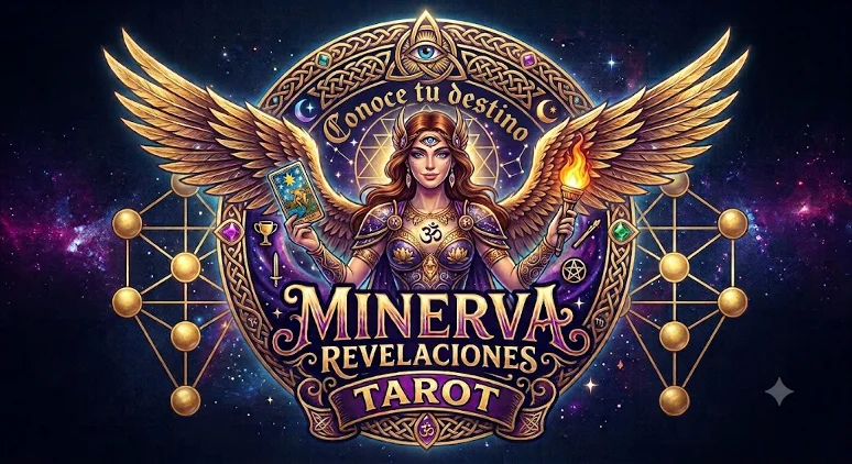 Minerva Revelaciones Tarot — la diosa Minerva alada con el lema Conoce tu destino